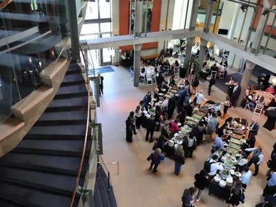 lobby with people in line to get food