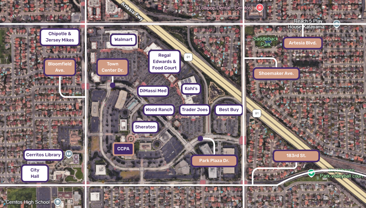 map of local services near the Cerritos Center for the Performing Arts